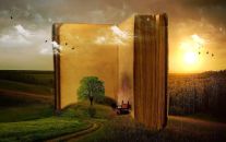 Large open book open vertically on the hillside.  Sun rising in background.